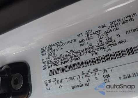 2024 Ford F-150 Xlt из США, поврежденный, VIN 1FTFW3L85RKD66503